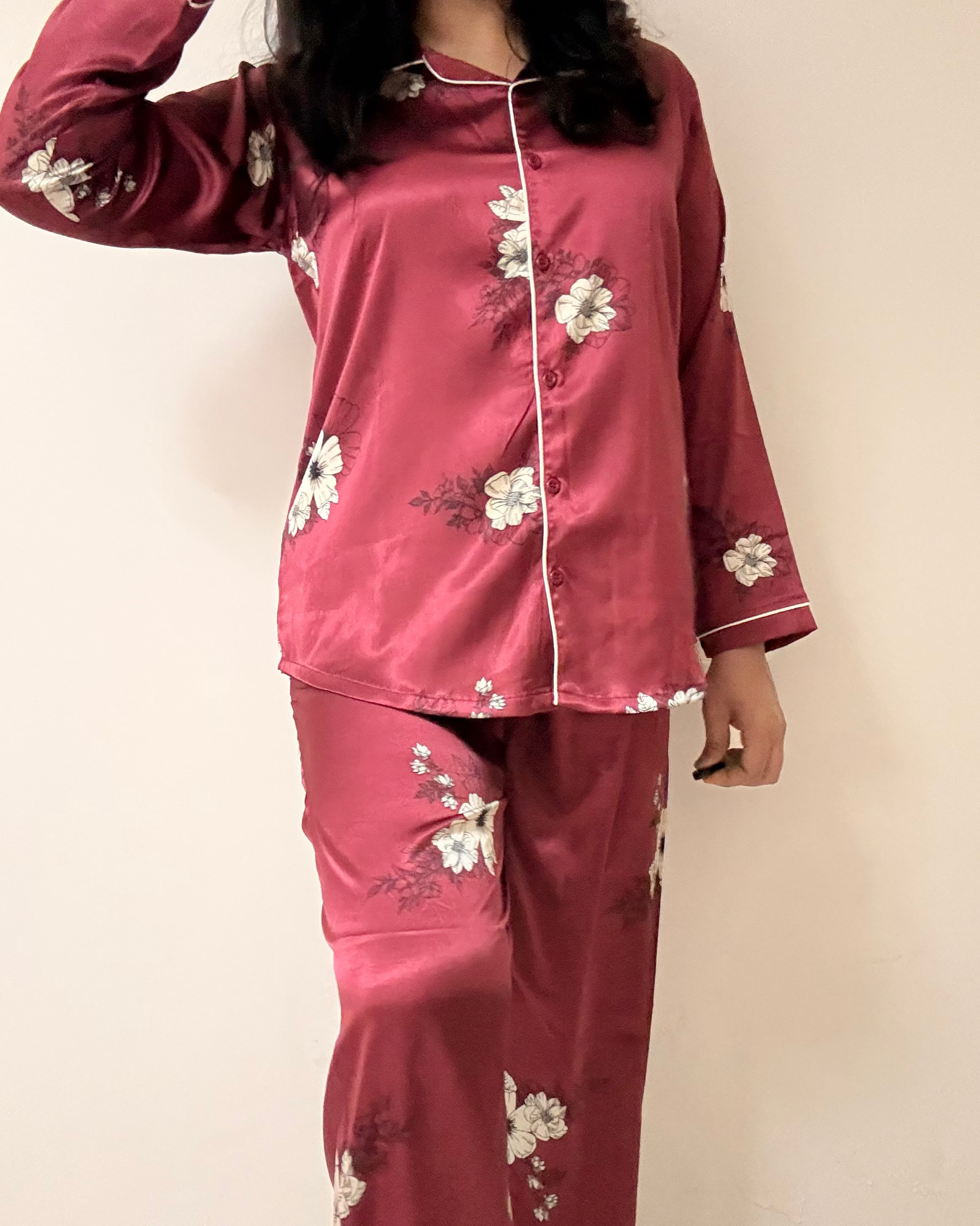 Midnight Rose Satin Night Suit