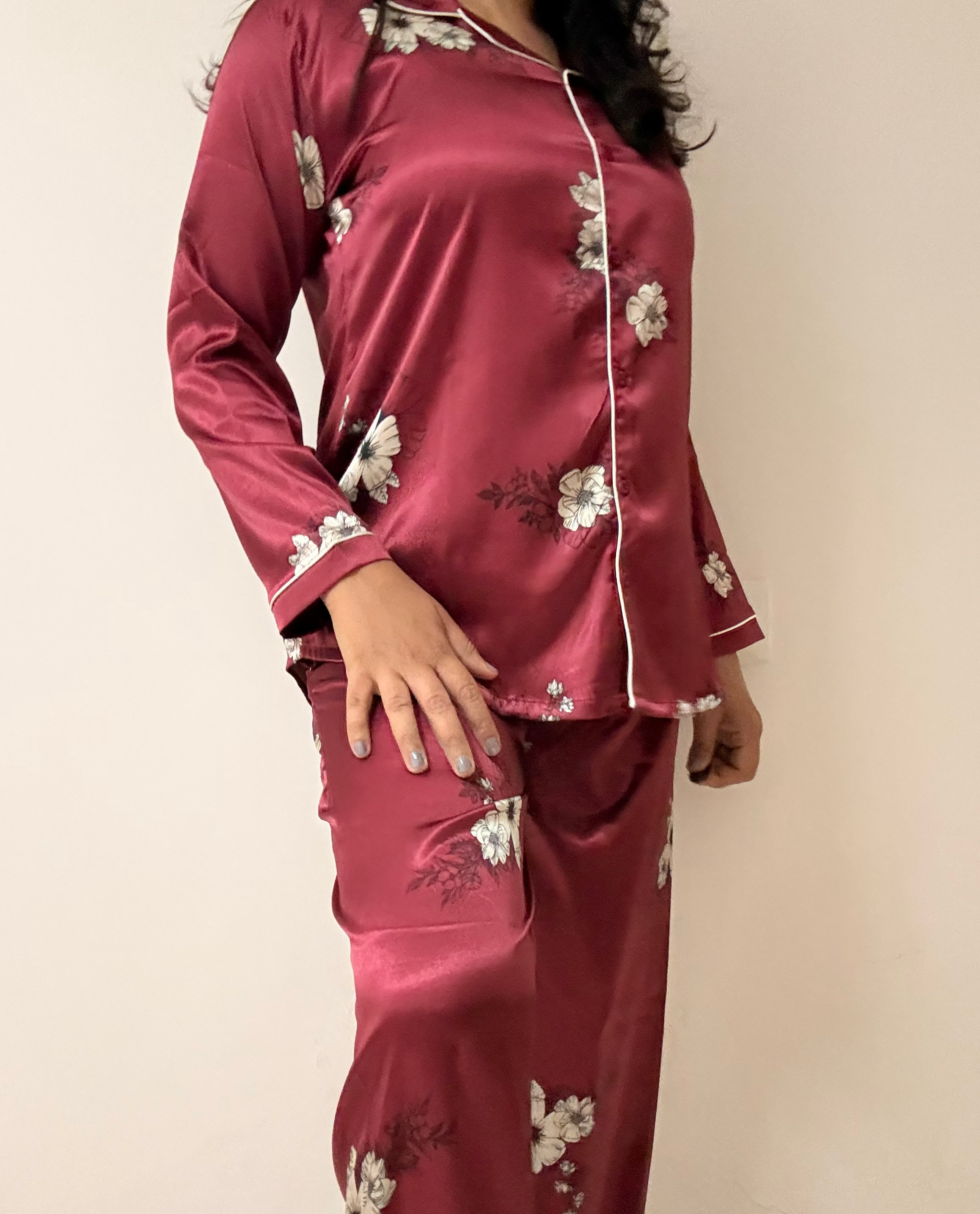 Midnight Rose Satin Night Suit